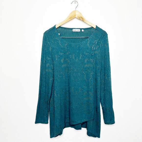 HABITAT Jacquard Wrap Tunic Forest Green TEAL knit long sleeve floral WOMENS S - Picture 2 of 7